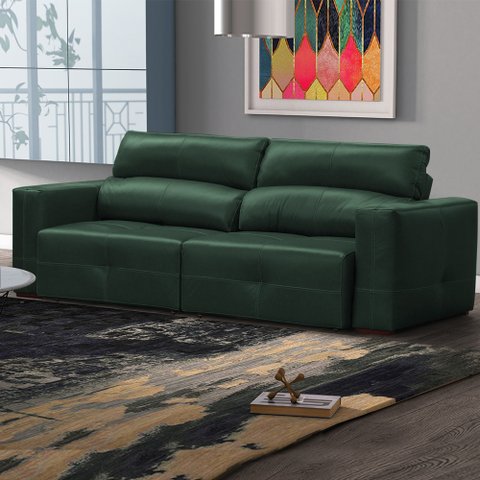 Sofá Decorativo Monica 3 Lugares Sala de Estar 252cm Reclinável e Retrátil Couro Verde Esmeralda Bri