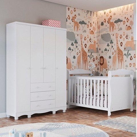 Quarto de Bebê com Guarda-Roupa 4 Portas e Berço Minicama 100% MDF Nina Espresso Móveis Branco/Brilho