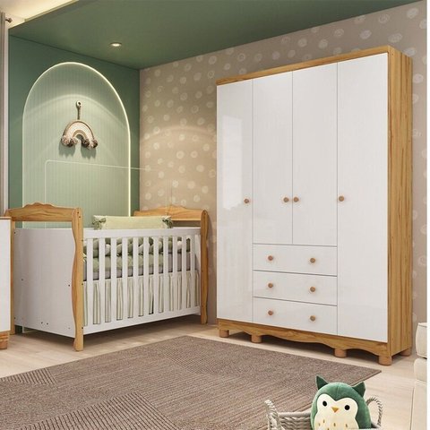 Quarto de Bebê com Guarda-Roupa 4 Portas e Berço Minicama 100% MDF Nina Espresso Móveis Branco/Brilho/Amêndoa
