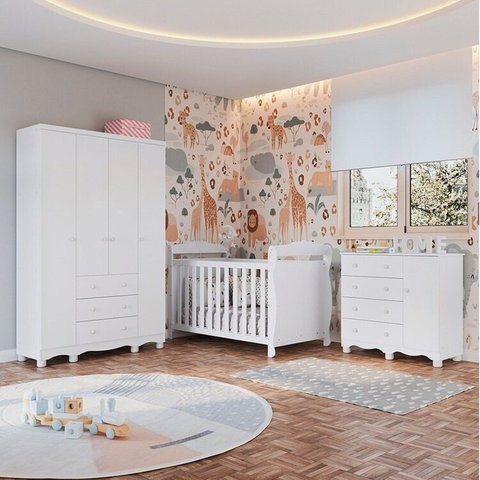 Quarto de Bebê Completo Berço 3 em 1, Guarda-Roupa 4 Portas e Cômoda 100% MDF Nina Espresso Móveis Branco/Brilho