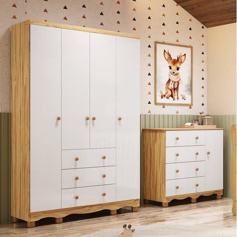 Quarto Infantil com Guarda-Roupa 4 Portas e Cômoda 1 Porta 100% MDF Mimo Espresso Móveis Branco/Brilho/Amêndoa