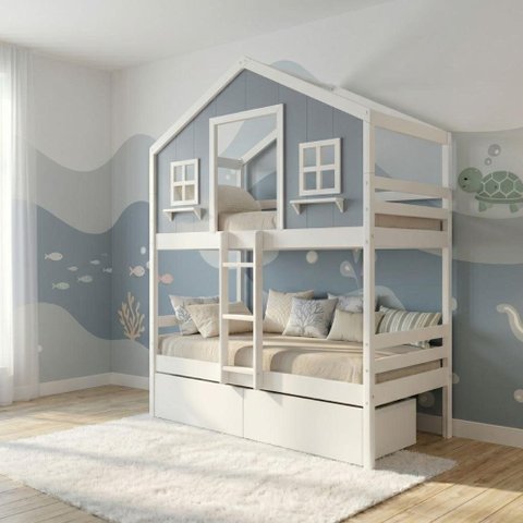 Beliche Casinha Dos Sonhos com 02 Gavetas Madeira Maciça Branco | Azul Housin