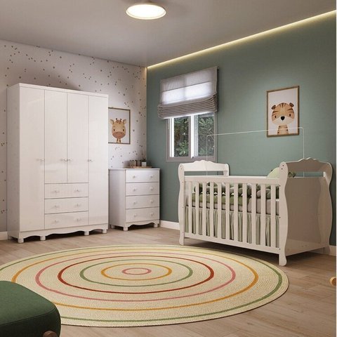 Quarto de Bebê Completo Berço Minicama Guarda-Roupa 4 Portas e Cômoda 100% MDF Nina Espresso Móveis Branco/Brilho