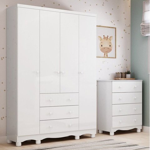 Quarto Infantil com Guarda-Roupa 4 Portas e Cômoda 4 Gavetas 100% MDF Mimo Espresso Móveis Branco/Br