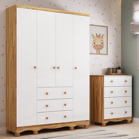 Quarto Infantil com Guarda-Roupa 4 Portas e Cômoda 4 Gavetas 100% MDF Mimo Espresso Móveis Branco/Br