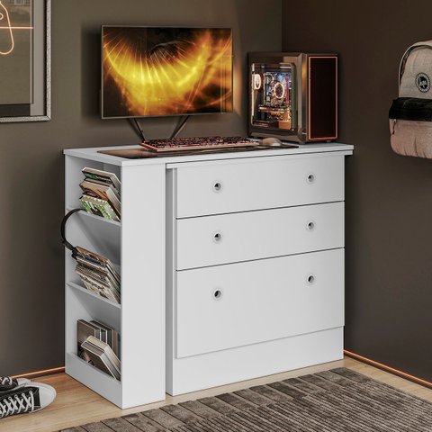 Cômoda com Mesa Giratória Gamer para Escritório Mdf: Branco