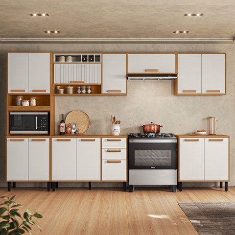 Cozinha Modulada 6 Peças 14 Portas 2 Gavetas Nicho para Forno Nápoles Itatiaia Branco/Cinamomo/Off White