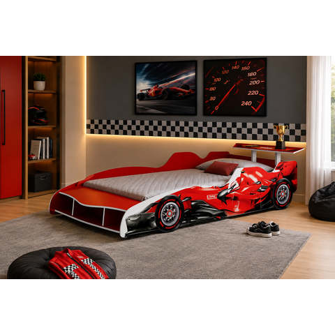 Cama Infantil Carro F1 Solteiro MDF para Colchão 88cm Vermelha
