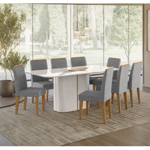 Conjunto Sala de Jantar Mesa Serena Tampo de Vd 180cm com 8 Cad.Cecilia Cinza/Off White/Ypê