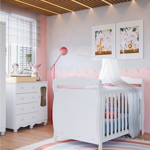 Quarto de Bebê com Berço 3 em 1 e Cômoda Janelada 100% MDF Aurora Espresso Móveis Branco/Brilho