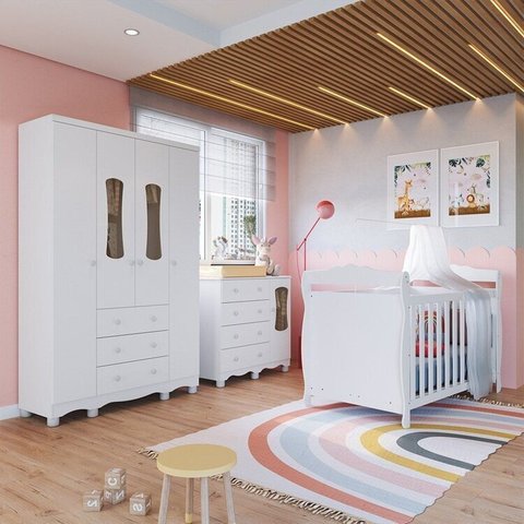 Quarto de Bebê Completo Berço 3 em 1, Guarda-Roupa 4 Portas e Cômoda 100% MDF Aurora Espresso Móveis Branco/Brilho