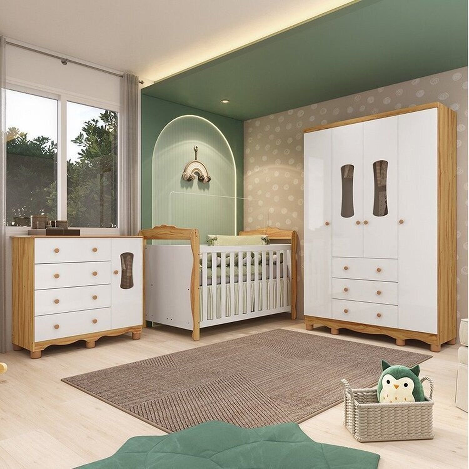 Quarto de Bebê Completo Berço 3 em 1, Guarda-roupa 4 Portas e Cômoda 100% MDF Aurora Espresso Móveis