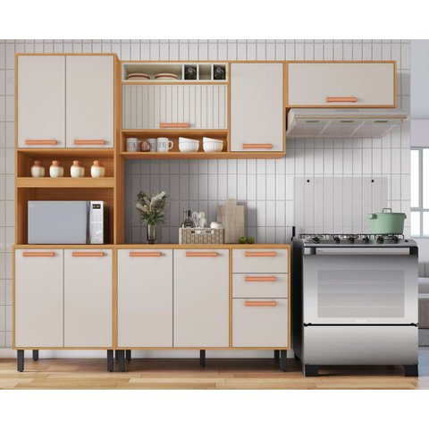 Cozinha Modulada 4 Peças 10 Portas 2 Gavetas e Nicho para Forno Napoles Branco/Cinamomo/Off White