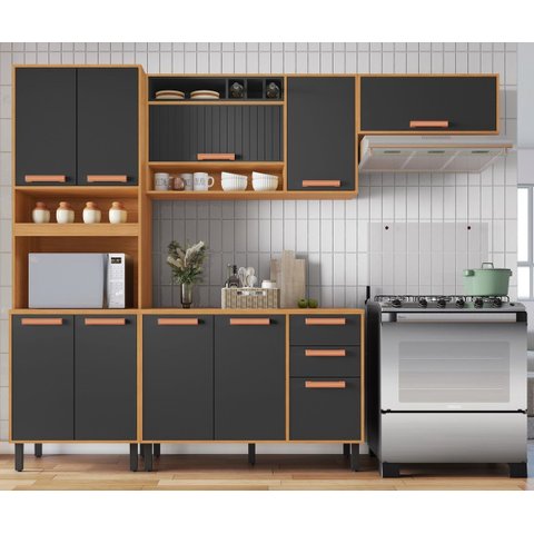 Cozinha Modulada 4 Peças 10 Portas 2 Gavetas e Nicho para Forno Napoles Cinza/Cinamomo/Grafite Intenso