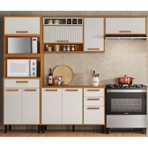 Cozinha Modulada Compacta 4 Peças 9 Portas 3 Gavetas e Nicho para 2 Fornos Nápoles Itatiaia Branco/Cinamomo/Off White