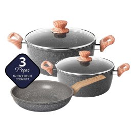 Conjunto Panelas Antiaderente Rev Cerâmica Indução Cinza 3pç - 1 Conjunto Panelas Antiaderente Rev Cerâmica Indução Cinza 3pç - 1