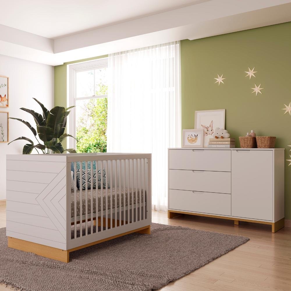 Quarto de Bebê 2 Pçs Berço e Cômoda Grande Coleção Cubo - Branco/plátano