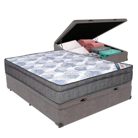 Cama Box Baú Bege Ortobom Colchão Iso Molas e Pillow Viúvo Cinza