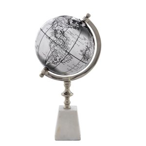 Globo Terrestre Decor em Aluminio e Pedra Branc e Prata 20cm