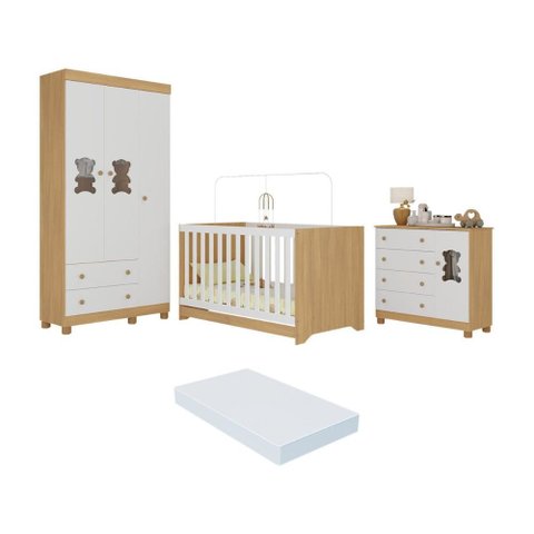 Quarto de Bebê Completo C/ Berço Americano 3 em 1 Colchão Fofura Multimóveis Mp4669 Madeirado/