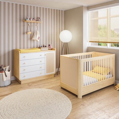Conjunto com Berço 2 em 1 e Cômoda, Rattan e Madeira Maciça Wave Casatema MadeiraOriginals Branco/Ma