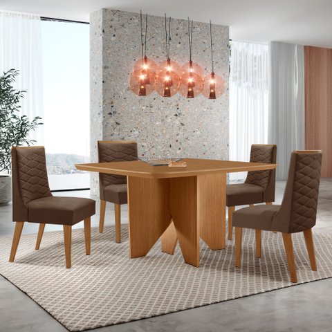 Mesa de Jantar Evora 90cm Mdf Canto Copo e com 4 Cadeiras Safira