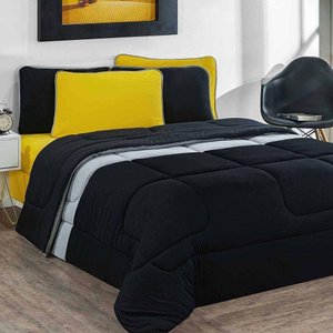 Kit Edredom + Jogo de Lençol 100% Algodão Urbano 7 Peças King Preto-mescla-amarelo