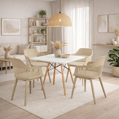 Conjunto Mesa de Jantar Quadrada Branco 90cm com 4 Cadeiras Marcela – Design Moderno e Sofisticado