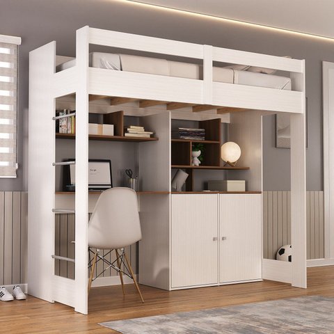 Cama de Solteiro Zwork 2 Portas com Escrivaninha Multifuncional Yescasa Branco/Nogal