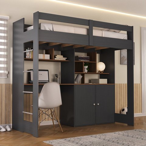 Cama de Solteiro Zwork 2 Portas com Escrivaninha Multifuncional Yescasa Cinza/Grafite/Nogal