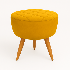 Puff Banqueta Redondo Amarelo Pé Palito com Detalhe em Costura