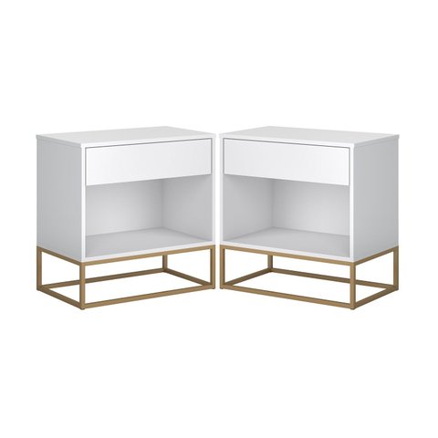 Kit 2 Criados Industrial Malta Branco Pés de Ferro Dourado