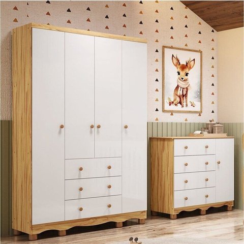 Quarto de Bebê Guarda-roupa 4 Portas e Cômoda 100% Mdf Nina Espresso Móveis