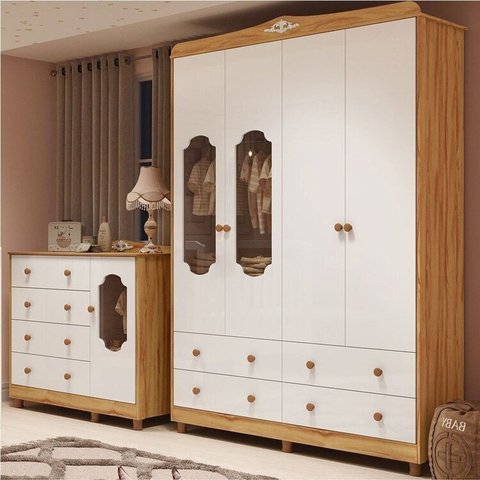 Quarto de Bebê com Guarda-Roupa e Cômoda Janelados 100% MDF Mateo Provençal Yescasa Branco/Brilho/Am