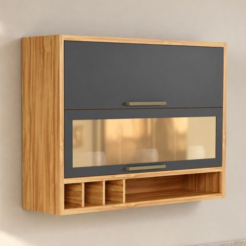 Armário Aéreo de Cozinha 2 Portas Vidro Reflecta Vicenza Espresso Móveis Cinza/Amêndoa/Chumbo