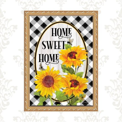 Quadro Moldura Dourada Home Sweet Home Girassóis 24x18cm:com Vidro