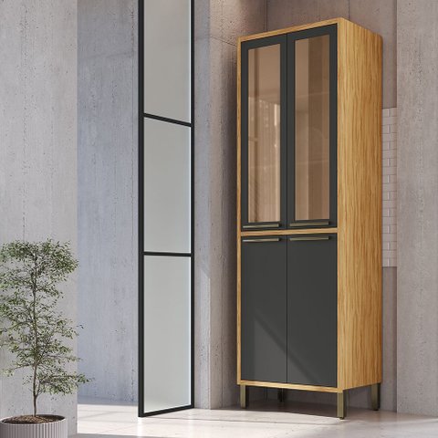 Paneleiro Duplo com 4 Portas e Vidro Reflecta 100% MDF Vicenza Espresso Móveis Cinza/Amêndoa/Chumbo