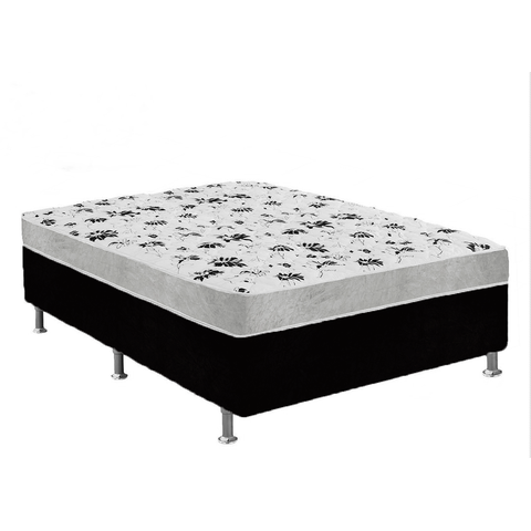 Cama Box Casal Suede Preto + Colchão Casal Suede Cinza Orto Molas Ensacada 138x188x55