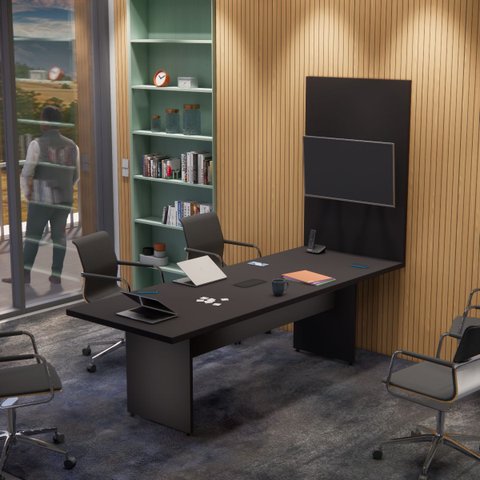 Mesa Reunião Painel Tv Preta Caixa Tomada 1 Tomada 2,40 X90 Atacadao Moveis Escritorio