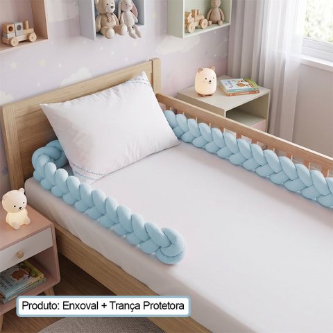 Enxoval Cama Juvenil Azul Classe a com Lençol Trança Travesseiro e Fronha Conforto Premium