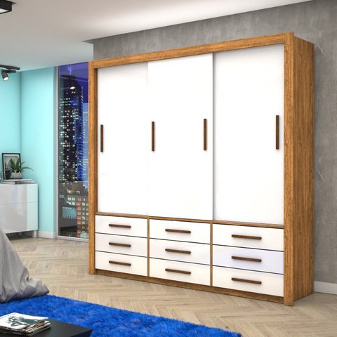 Guarda-Roupa 3 Portas Correr 09 Gavetas Anjos Marrom/Cinamomo/Branco
