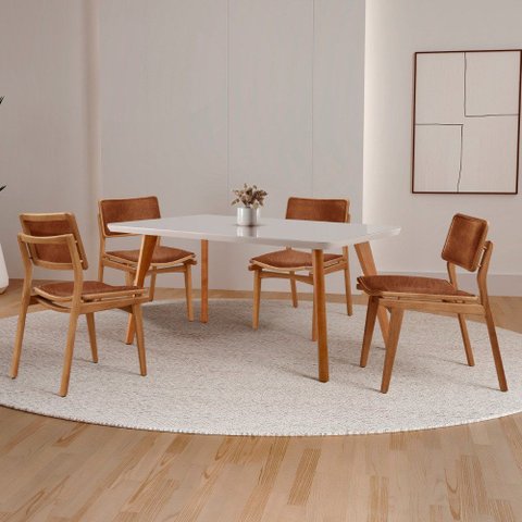 Sala de Jantar Mesa Malta 120cm Tampo Laqueado com Vidro Canto Moeda e 4 Cadeiras Eva