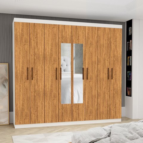Guarda-Roupa Stanley 8 Portas 4 Gavetas com Espelho Branco/Branco-Cinamomo