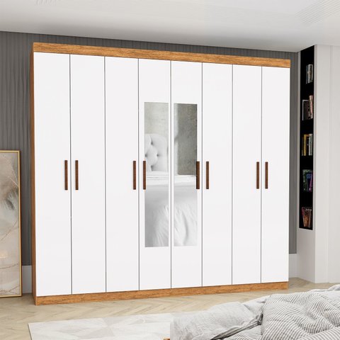 Guarda-Roupa Stanley 8 Portas 4 Gavetas com Espelho Marrom/Cinamomo/Branco