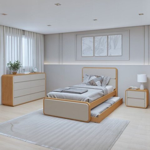 Conjunto Quarto Completo Cama Solteiro, Cômoda e Mesa de Cabeceira Loop Amêndoa Clean