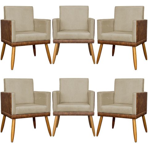Kit 6 Poltronas Decorativas para Escritório Lis Corino e Suede Cores Pé 30cm - Nude, Suede/corino