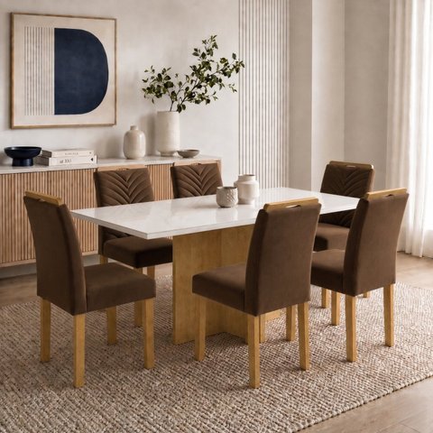 Conjunto de Mesa de Jantar 6 Lugares com Tampo de Vidro e MDF Carol Cinamomo