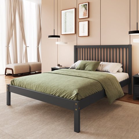 Cama de Casal Lucy de Madeira Maciça com Lastro Cinza/Charcoal