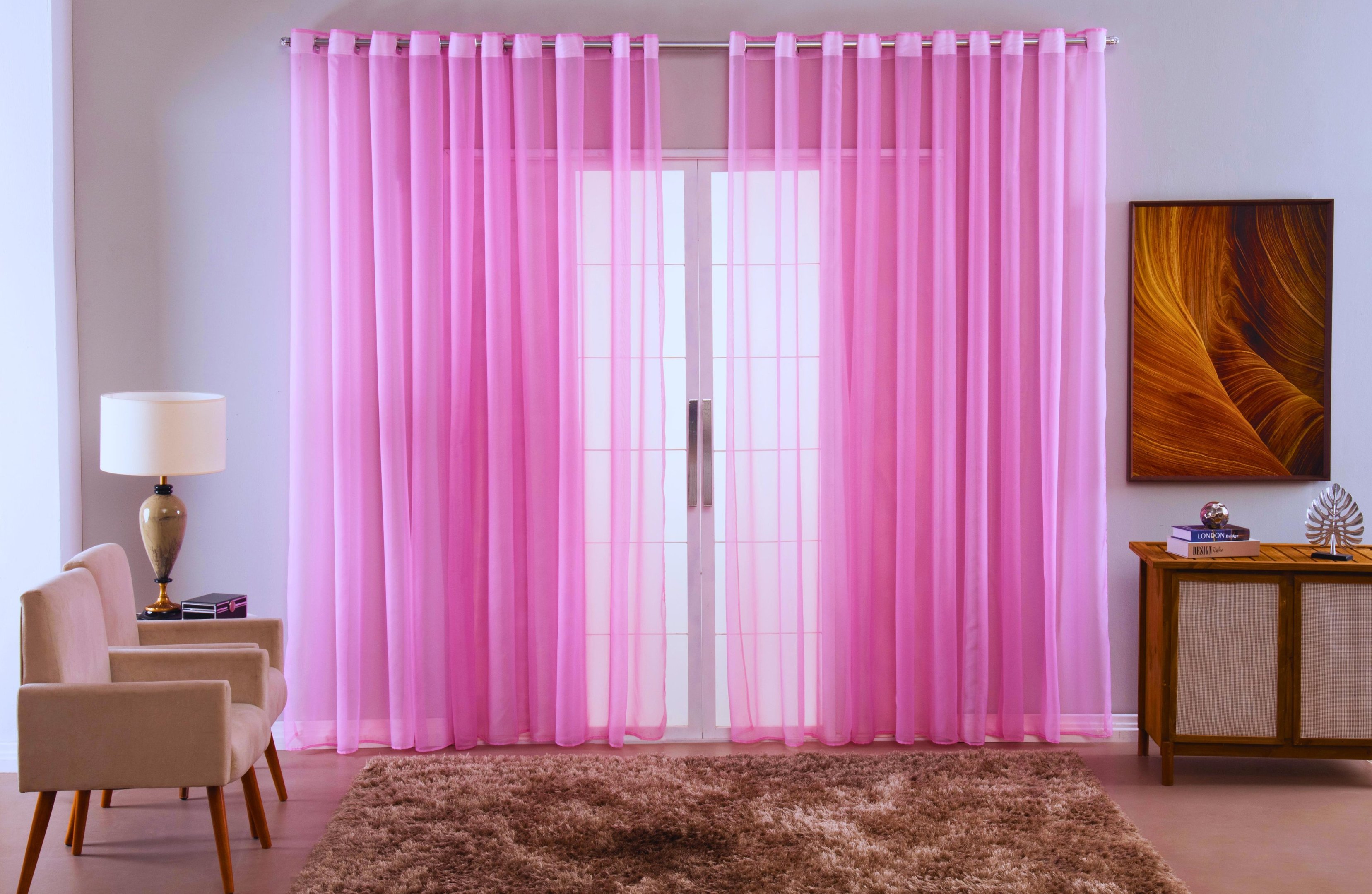 Cortina Sala Quarto Voal Liso Delicate 400x2,80 Transparente:rosa