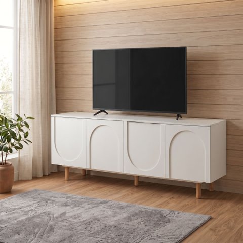 Rack para TV até 60 Polegadas 160cm Pés em Madeira Maciça Portas Orgânicas Branco